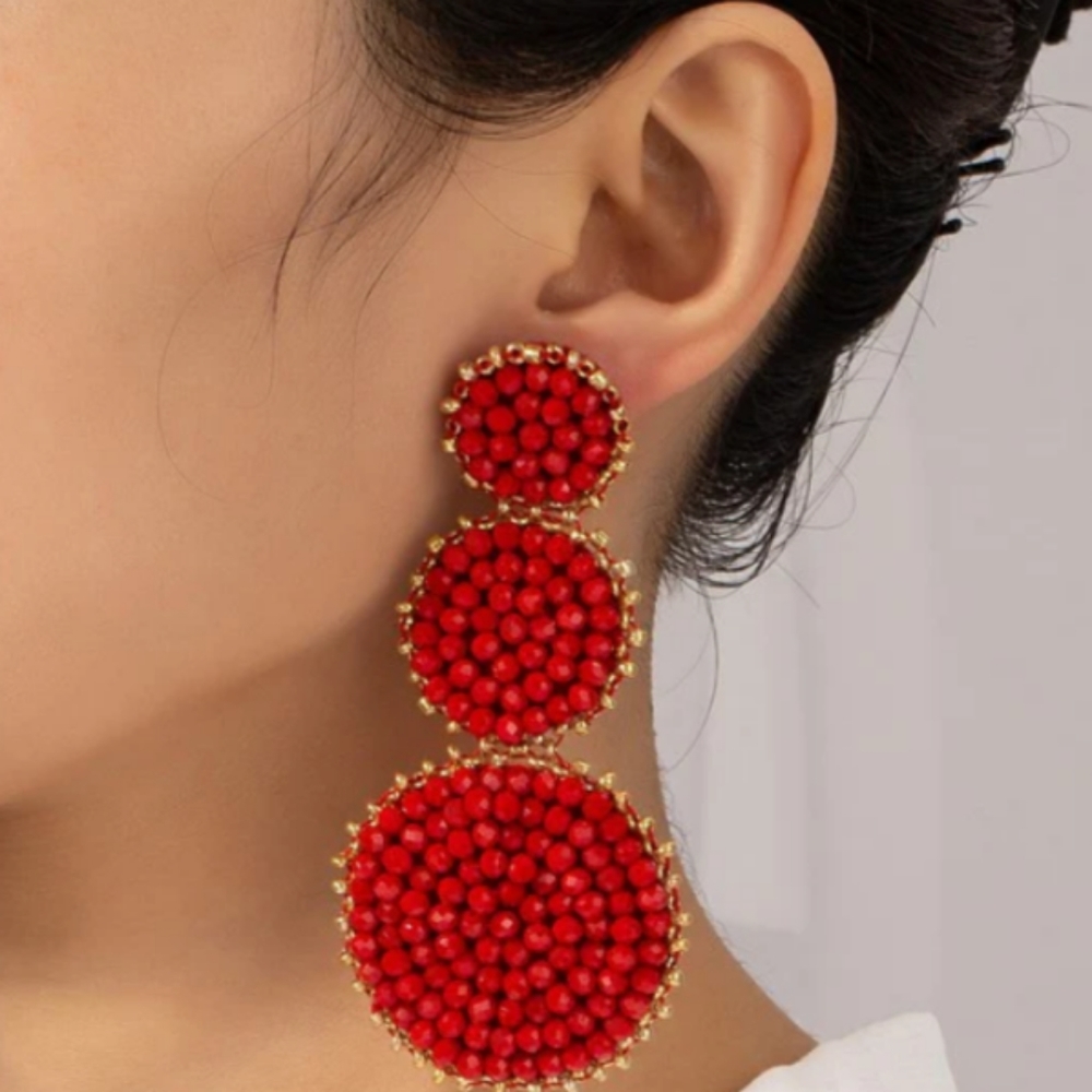 Red Beaded Triple Tier Earrings Big Bold Bohemian Holiday Statement Jewelry New